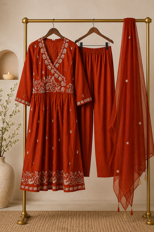 Rust Red Paisley Embroidered Anarkali Kurta Set with Dupatta