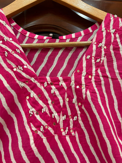 Rani Pink Leheriya Kurti with Mirror & Bead Embellished Yoke