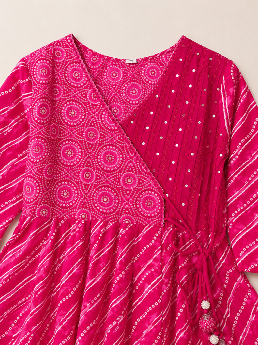 Rani Pink Bandhani Anarkali Suit Set with Palazzo & Dupatta (3-Piece)