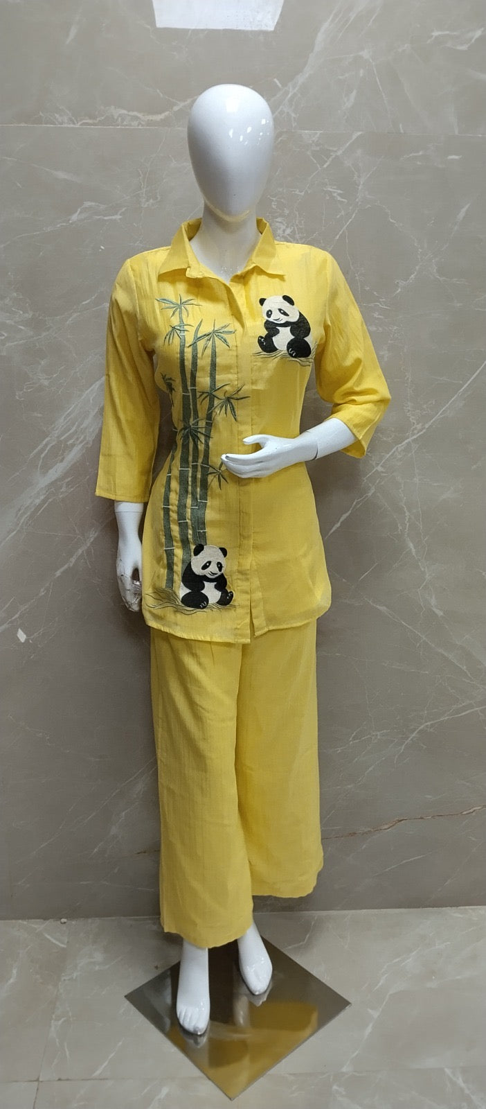 Yellow Panda Bamboo Embroidered Cotton Coord Set