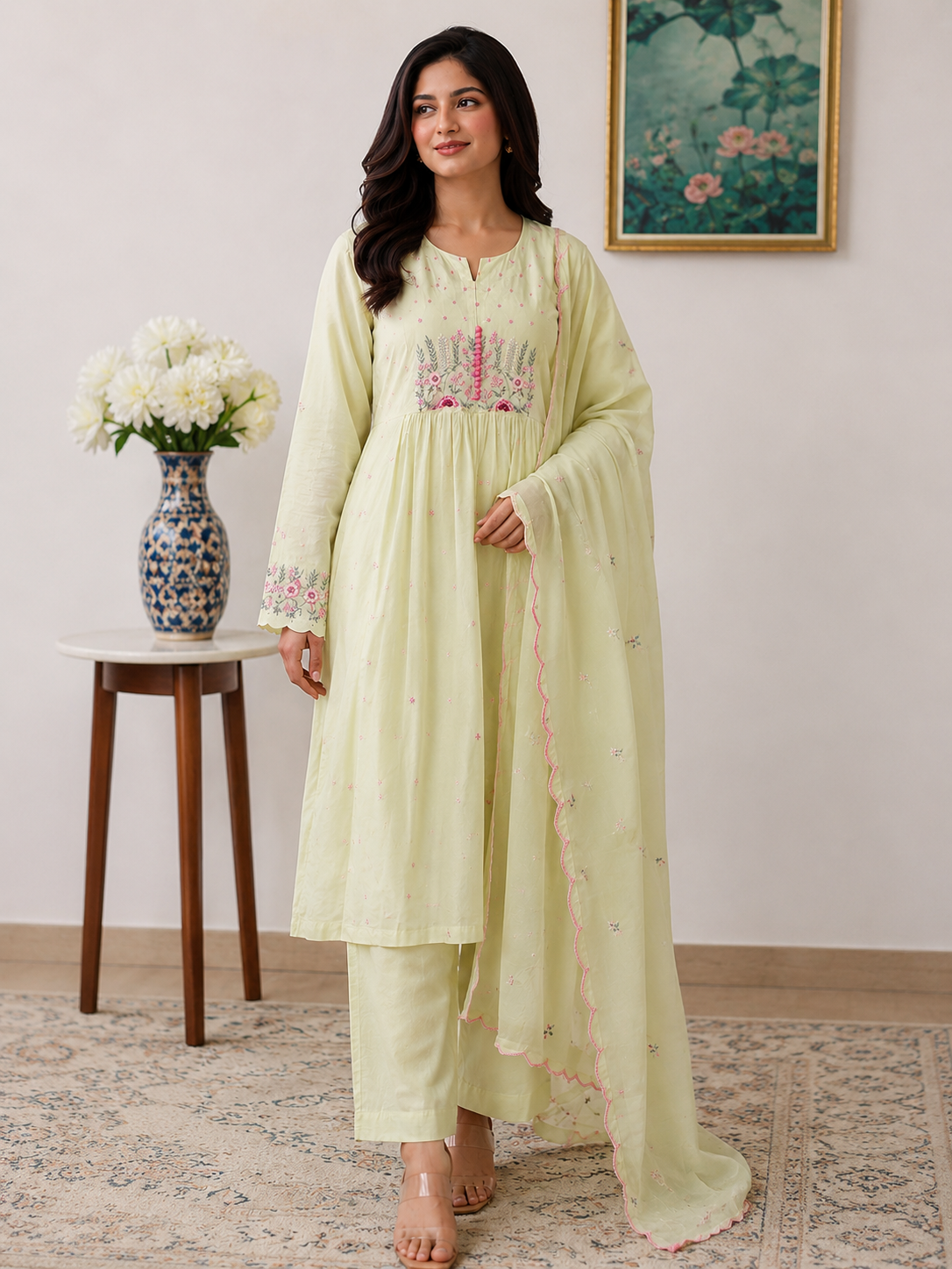 Sage Bloom 3-Piece Mul Cotton Kurta Set