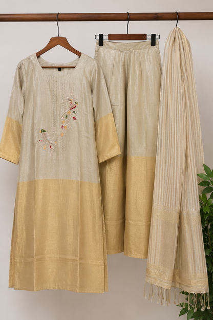 Parrot Garden Ombre Tissue Kurta Set | Ivory Gold | 3-Piece