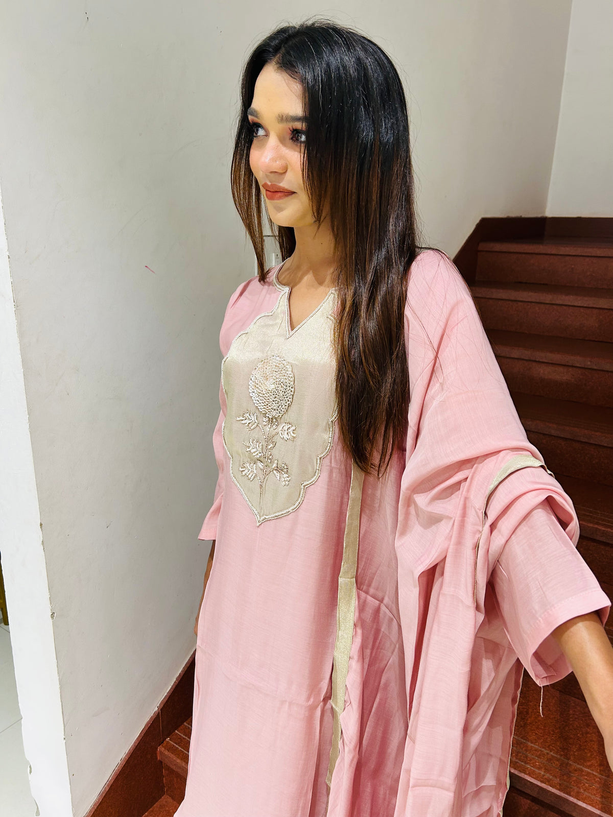 Blush Pink Zardozi Motif Mul Cotton 3-Piece Suit Set