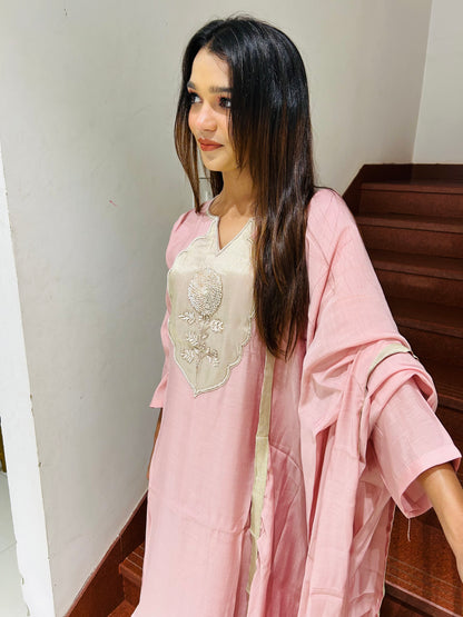 Blush Pink Zardozi Motif Mul Cotton 3-Piece Suit Set
