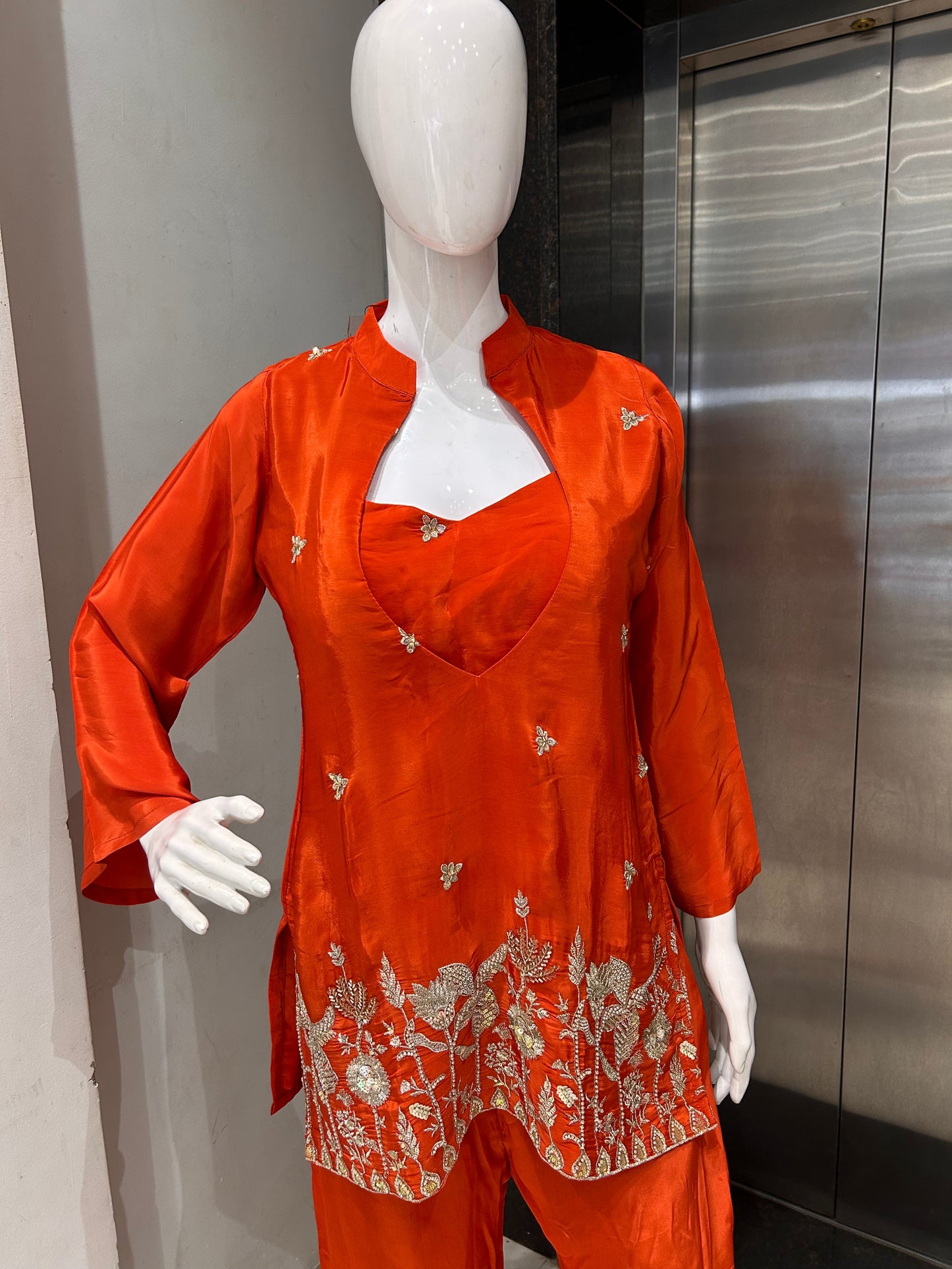 Crimson Bloom 3-Piece Coord Set | Zari Embroidered Kurti, Inner & Palazzo