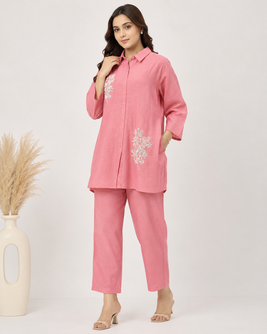Rose Bloom Pearl Embroidered Cotton Coord Set