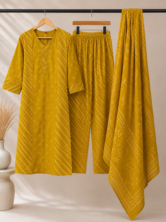 Mustard Yellow Bandhani Leheriya Kurta Set with Dupatta | 3-Piece Coord Set
