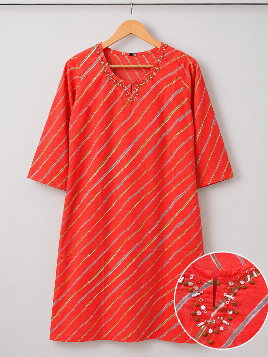 Coral Leheriya Kurti with Hand-Embellished Neckline