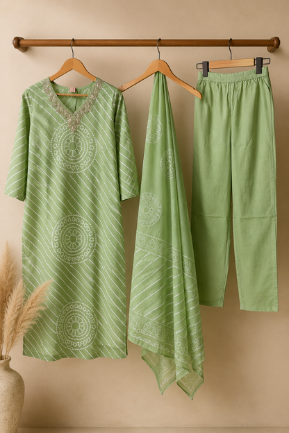 Sage Green Leheriya & Bandhani Kurta Set with Pearl Zari Embroidery