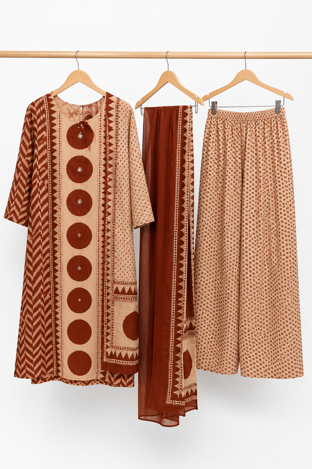 Rust & Beige Block Print Cotton 3-Piece Suit Set