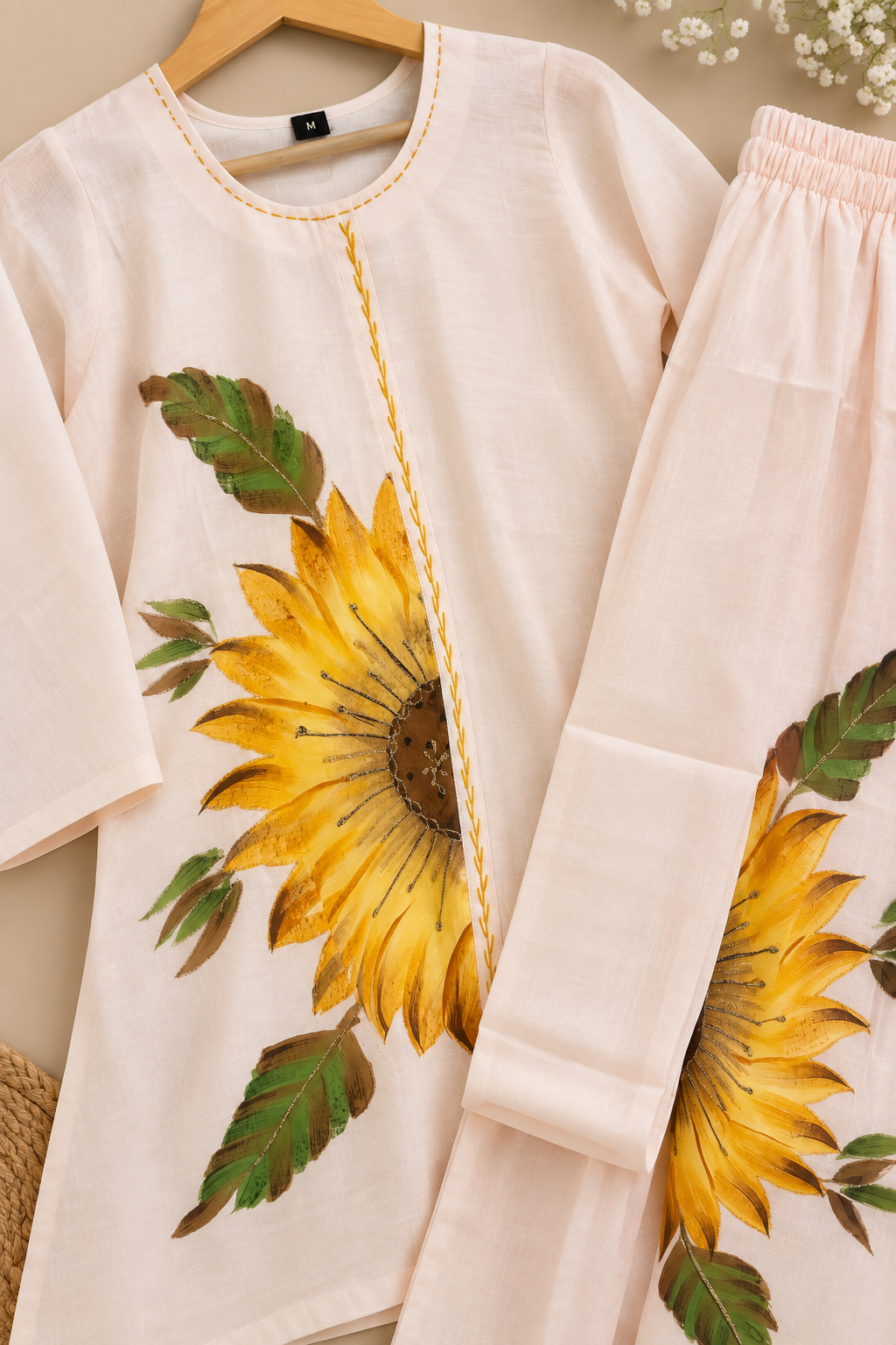 Off-White Sunflower Hand-Painted Cotton Coord Set
