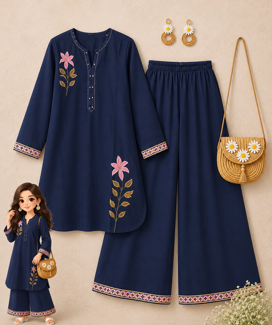 Navy Blue Floral Embroidered Kurta & Palazzo Coord Set