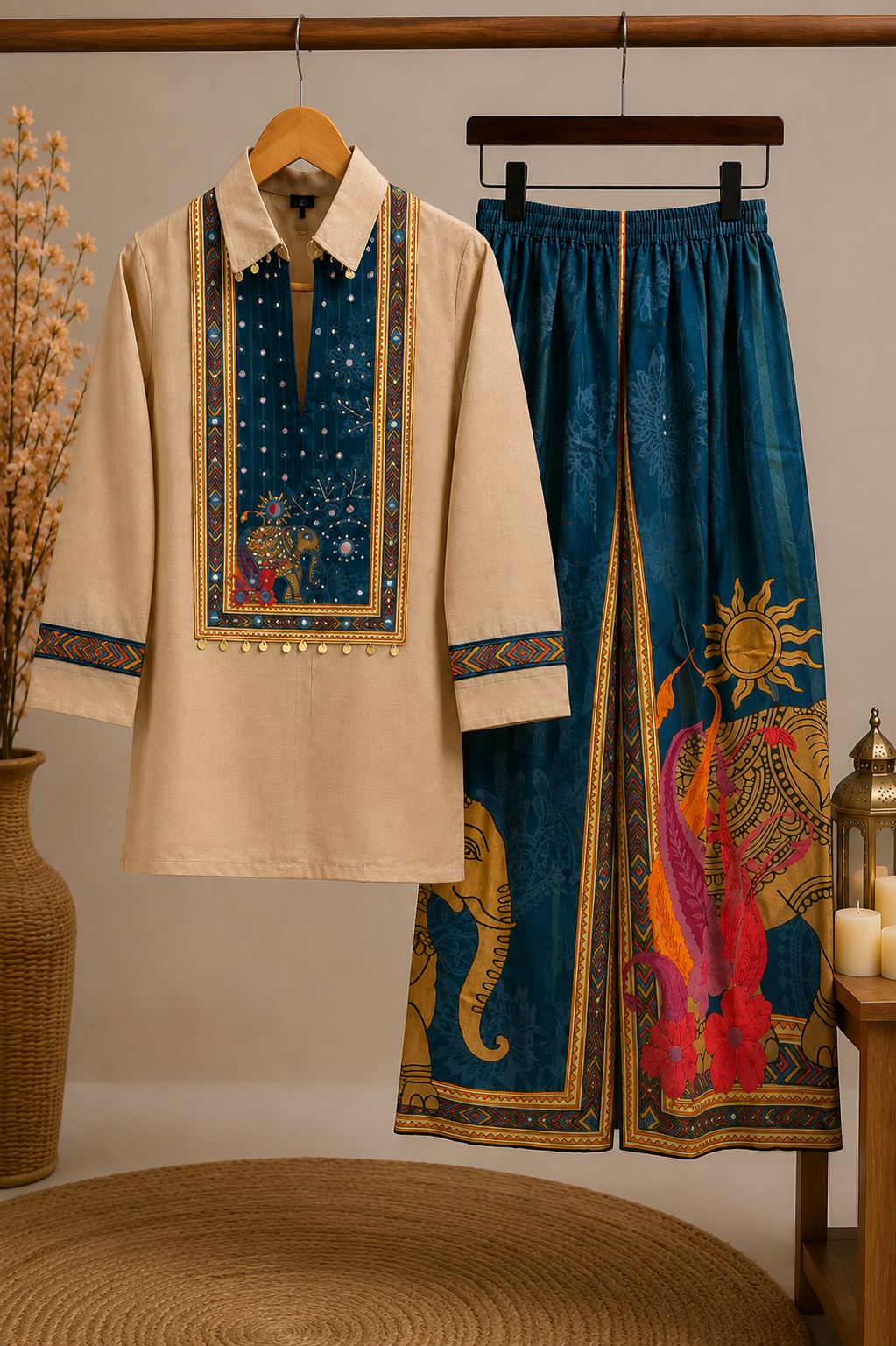 Celestial Gaj Coord Set – Light Brown Embroidered Kurta with Mirror Work & Teal Jacquard Printed Wide-Leg Palazzo