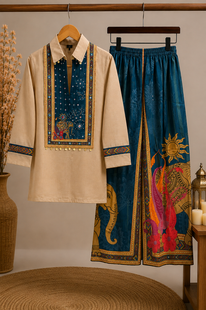 Celestial Gaj Coord Set – Light Brown Embroidered Kurta with Mirror Work & Teal Jacquard Printed Wide-Leg Palazzo