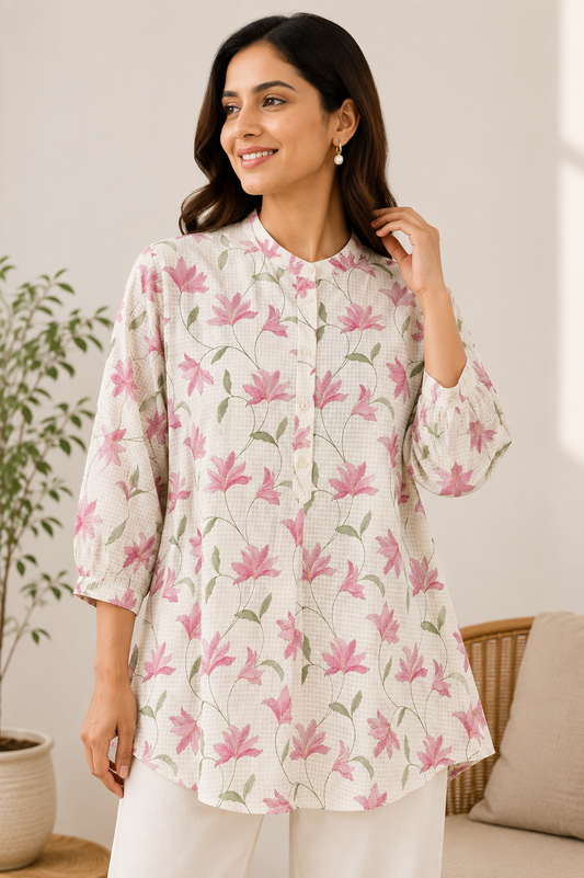 Pink Lily Vine Short Kurti in Pure Cotton
