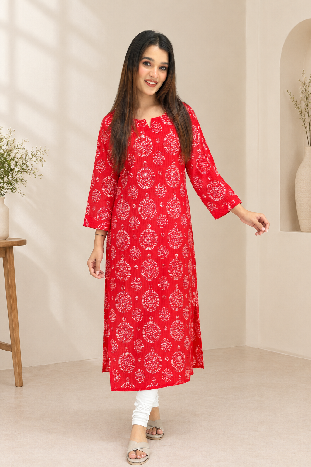 Model wearing red bandhani print cotton kurti front view
