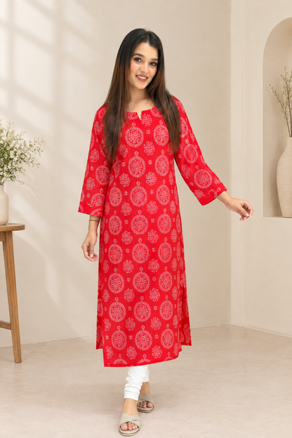 Model wearing red bandhani print cotton kurti front view