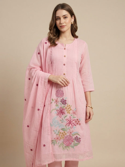 Pink Mulmul Cotton Floral Embroidered Kurta Set with Dupatta