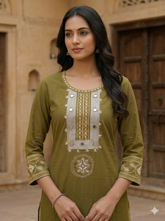 Olive Green Mirror Work Straight Kurti with Geometric Border