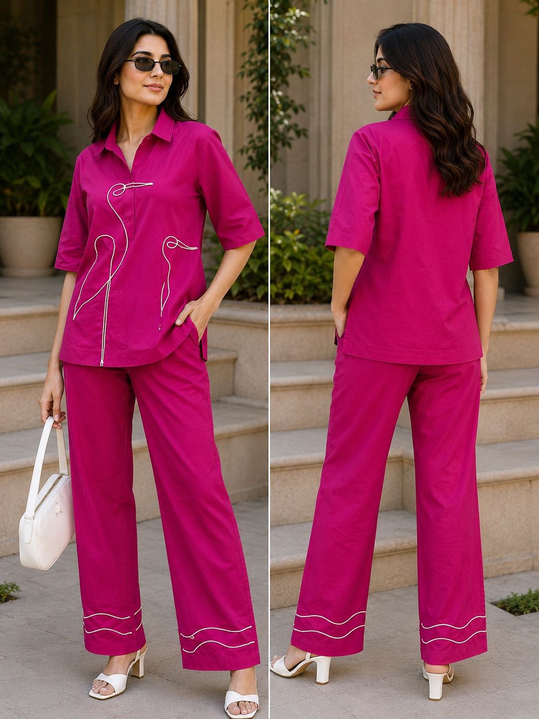 Rani Pink Crane Embroidered Pure Cotton Coord Set