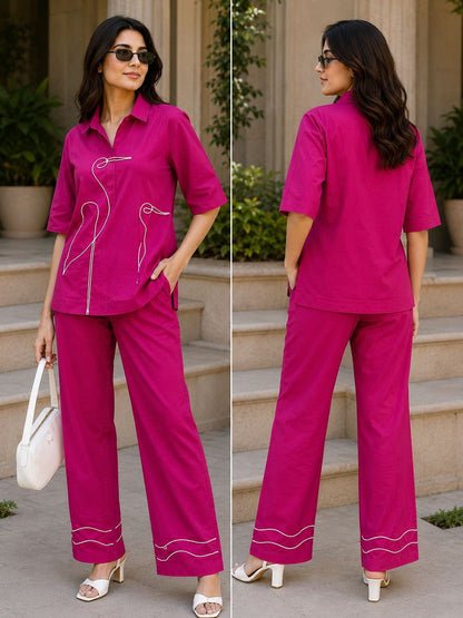 Rani Pink Crane Embroidered Pure Cotton Coord Set