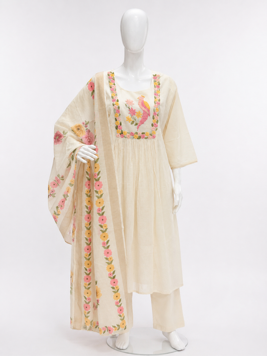 Ivory Phoenix Garden Embroidered Cotton 3-Piece Suit