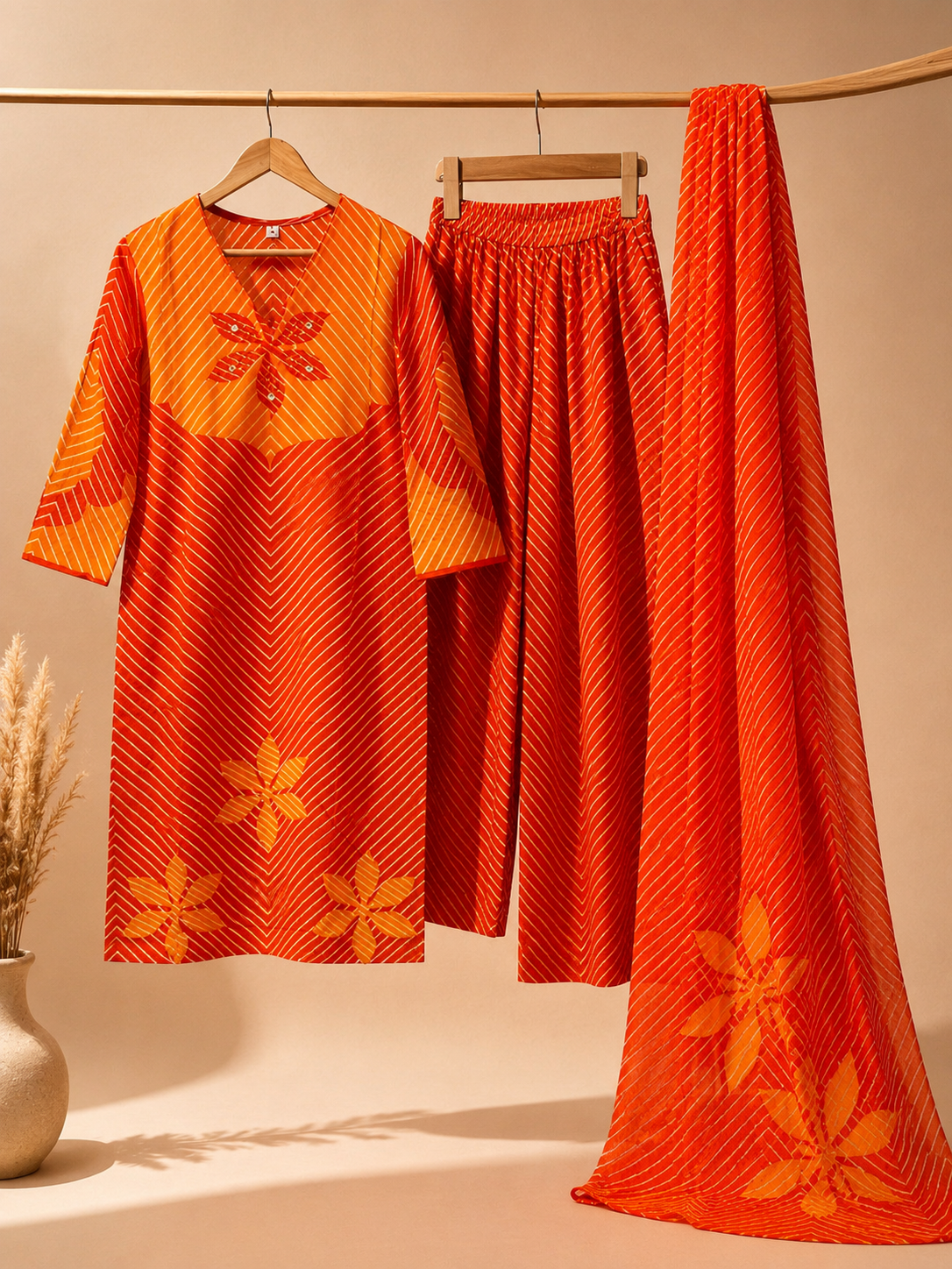 Orange & Red Leheriya Kurti Set with Palazzo & Dupatta (3-Piece)
