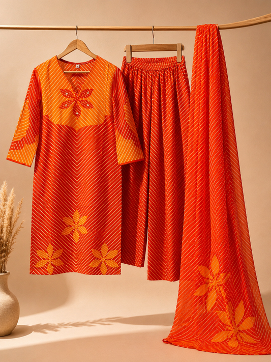 Orange & Red Leheriya Kurti Set with Palazzo & Dupatta (3-Piece)