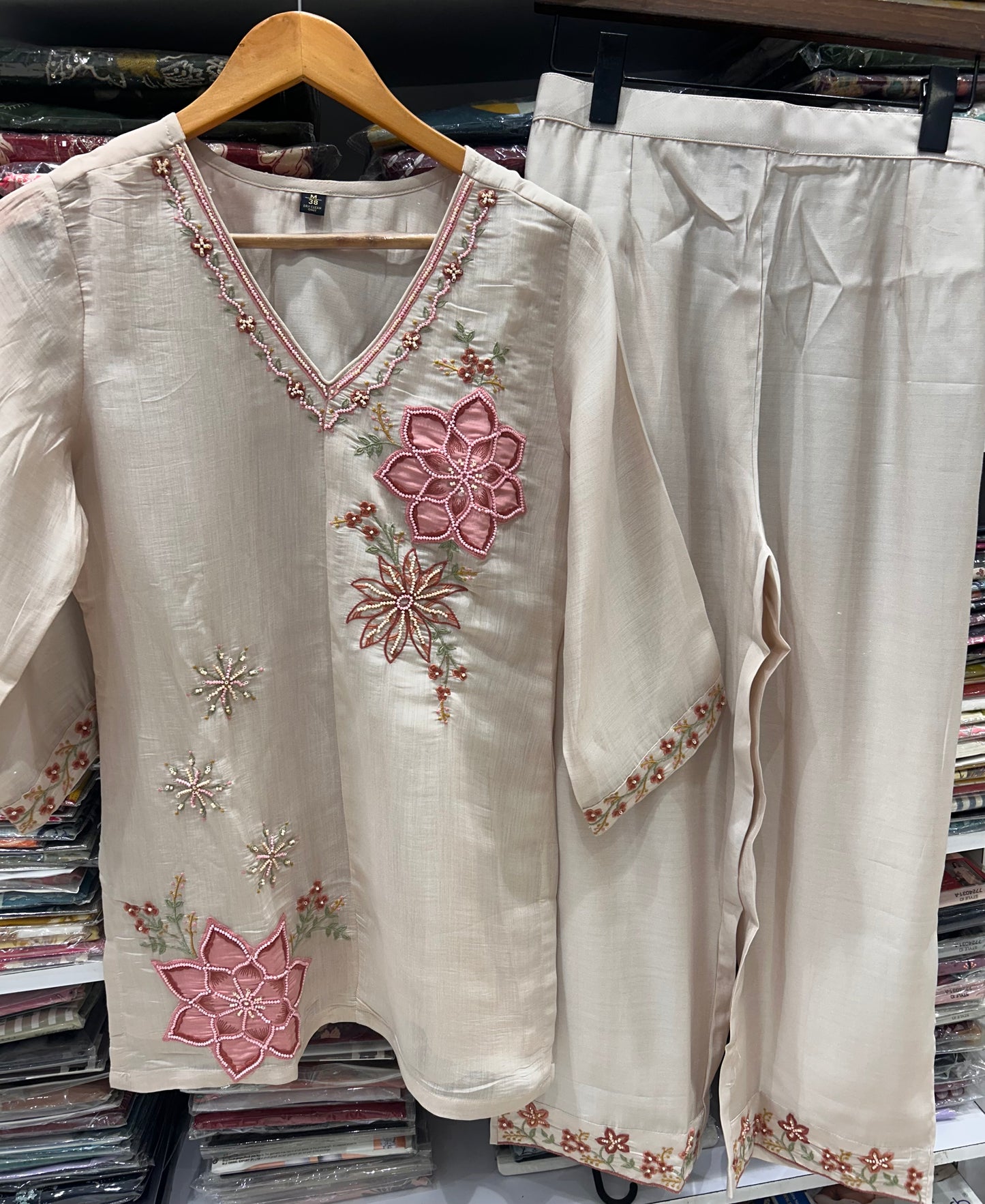 Chiku Mul Chanderi Moti Work Coord Set | Resham Embroidery & Beaded Moti | Kurta with Wide-Leg Palazzo