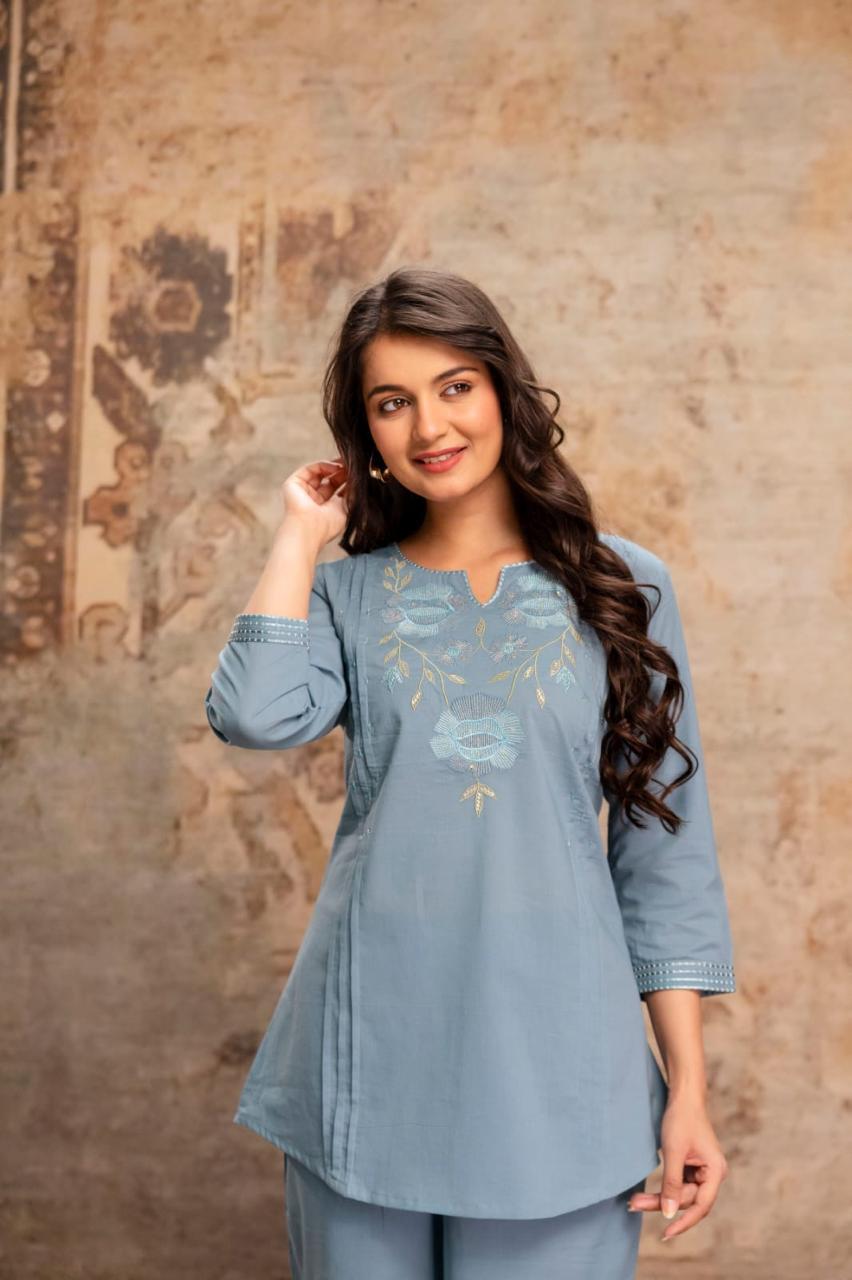 Azure Bloom Embroidered Kurti & Pant Coord Set