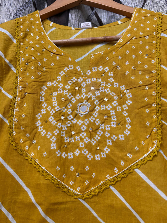 Mustard Yellow Bandhani Leheriya Kurta Set with Palazzo & Dupatta | 3-Piece Ethnic Co-ord Set