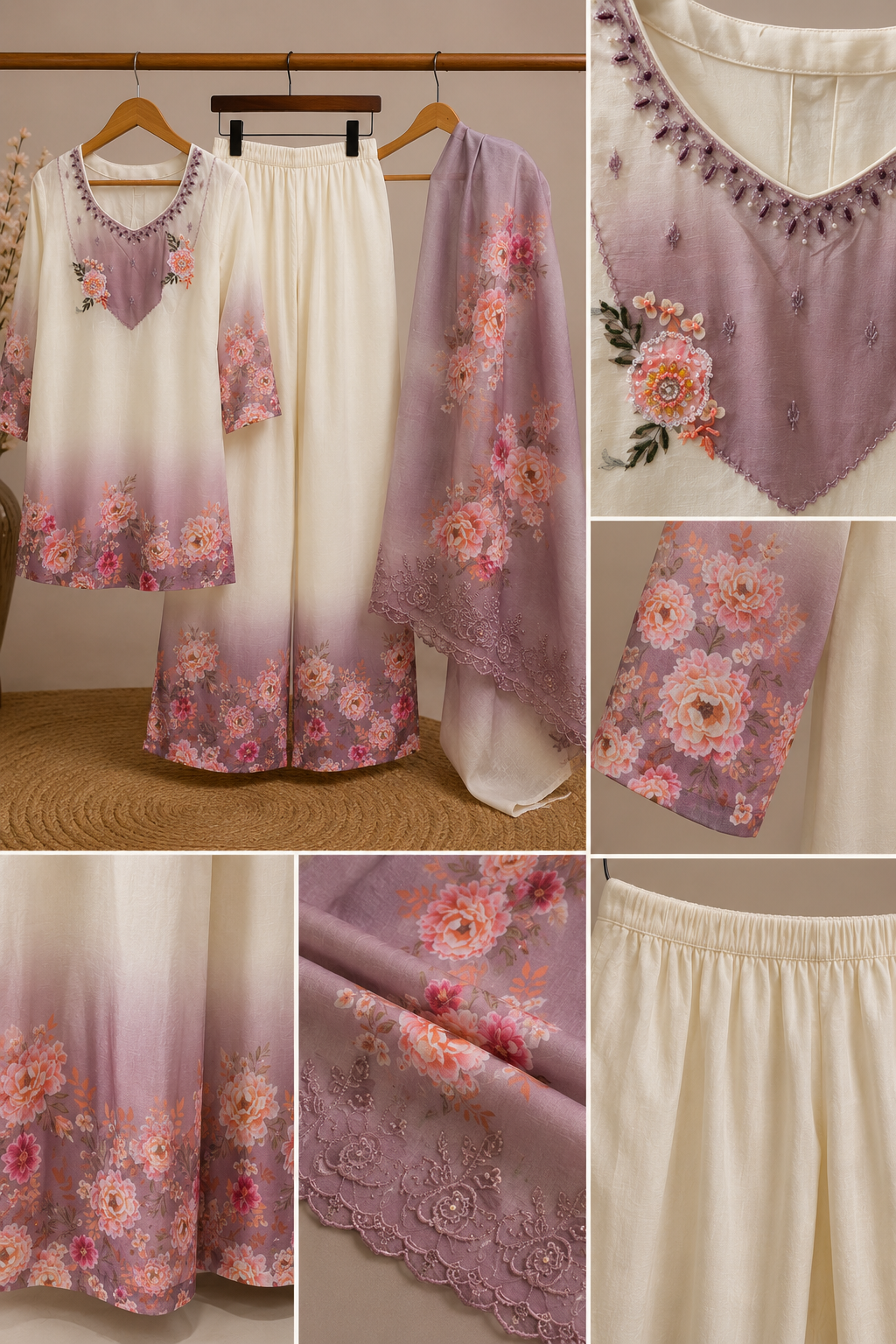 Ivory Mauve Blooming Peony 3-Piece Coord Set