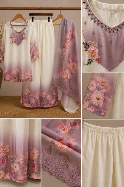 Ivory Mauve Blooming Peony 3-Piece Coord Set