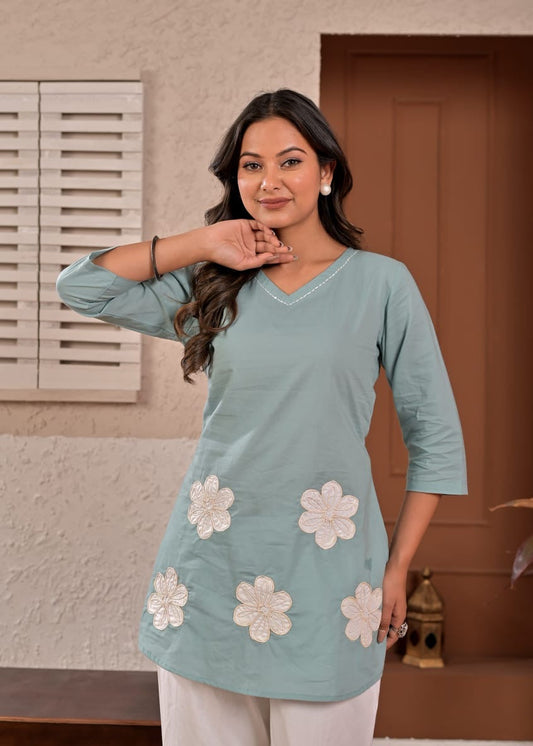 Sage Bloom Floral Appliqué Cotton Coord Set