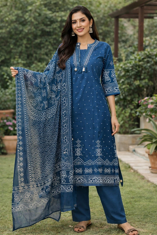 Blue Bandhni Print Cotton Suit Set