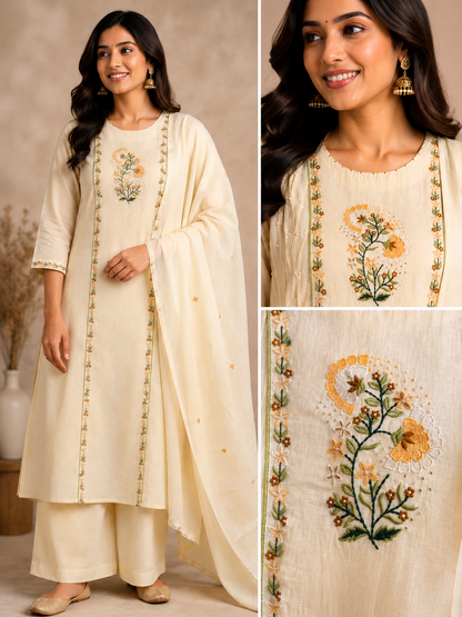 Ivory Bloom 3-Piece Mulmul Cotton Kurta Set