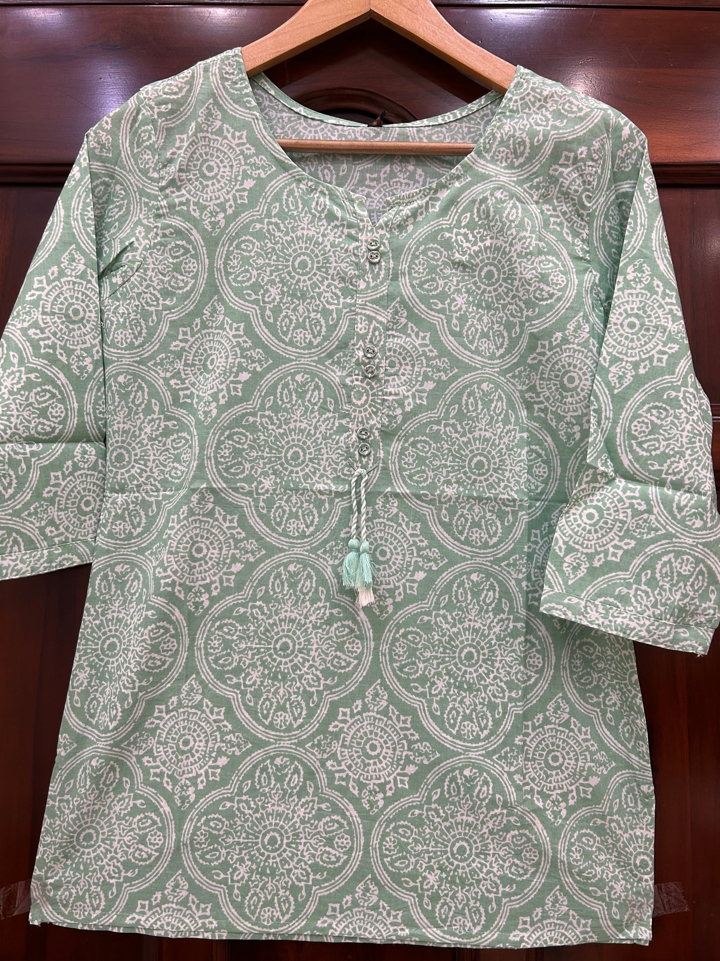 Sage Mandala Block Print Kurti with Tassel Tie