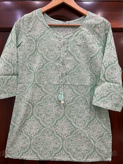 Sage Mandala Block Print Kurti with Tassel Tie
