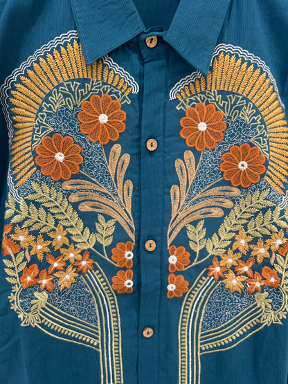 Teal Floral Embroidered Shirt & Palazzo Coord Set