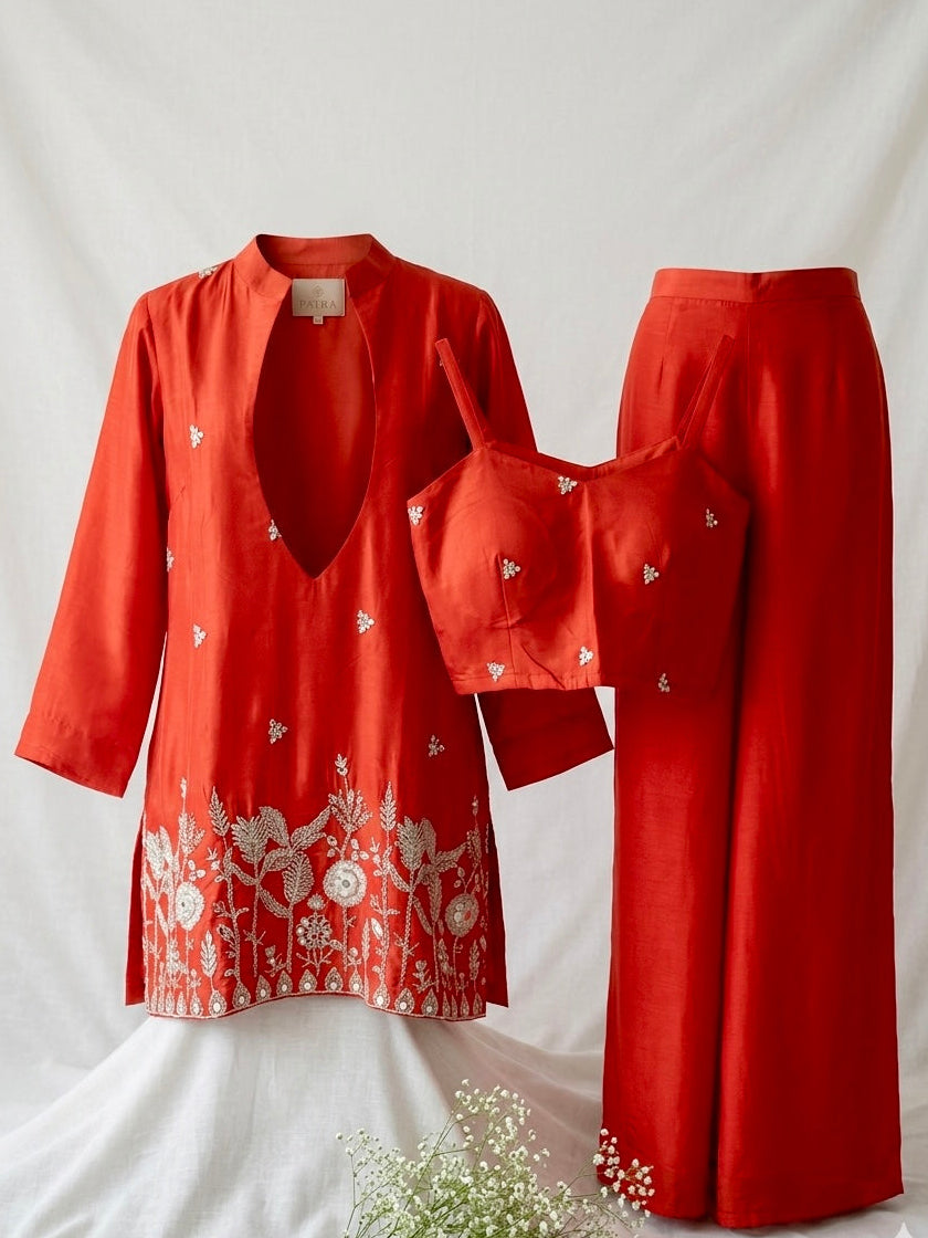 Crimson Bloom 3-Piece Coord Set | Zari Embroidered Kurti, Inner & Palazzo