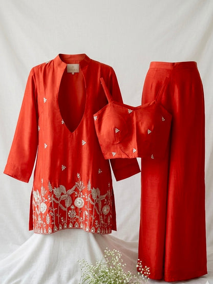 Crimson Bloom 3-Piece Coord Set | Zari Embroidered Kurti, Inner & Palazzo