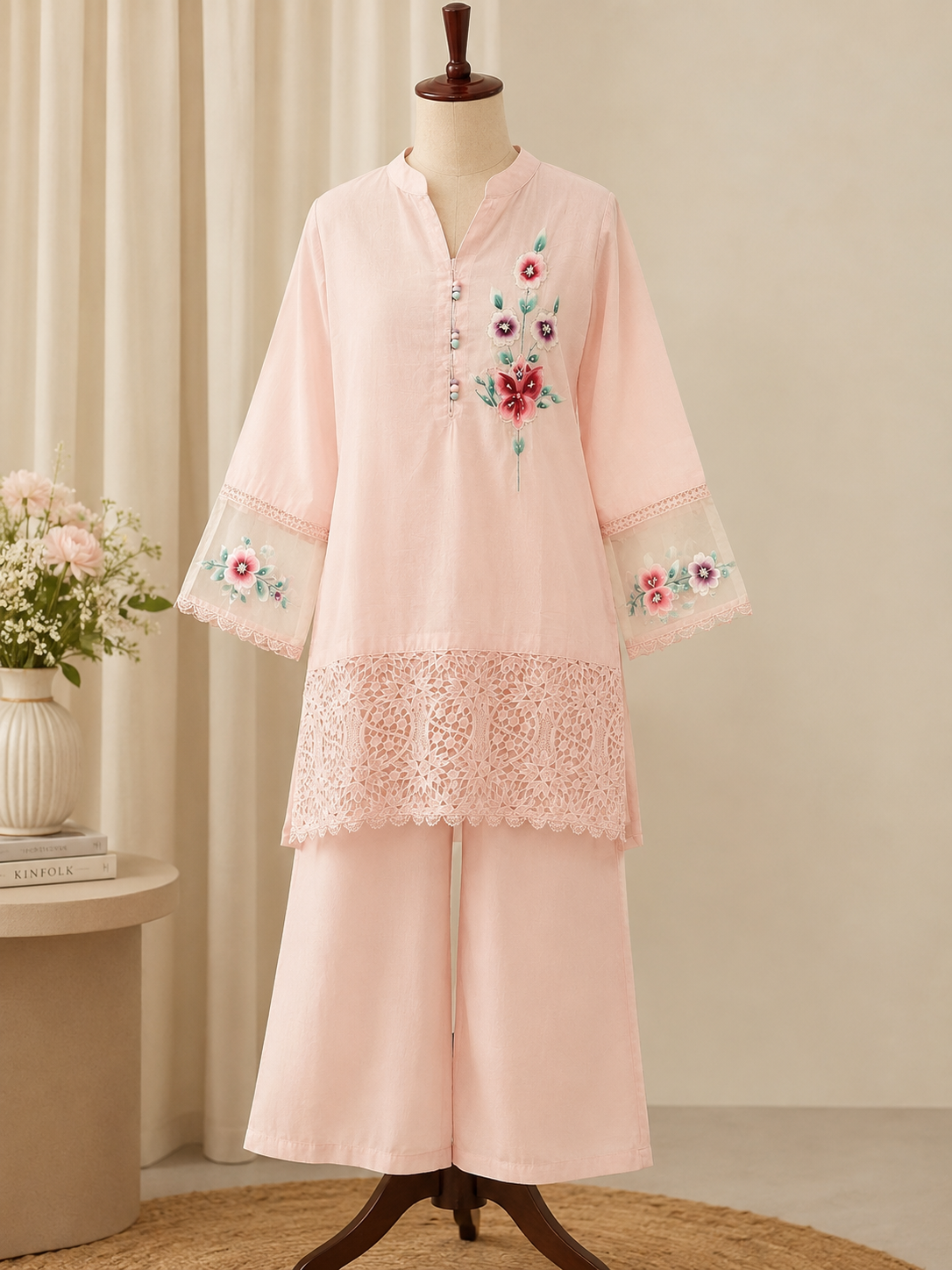 Blush Pink Floral Embroidered Kurta & Palazzo Co-ord Set