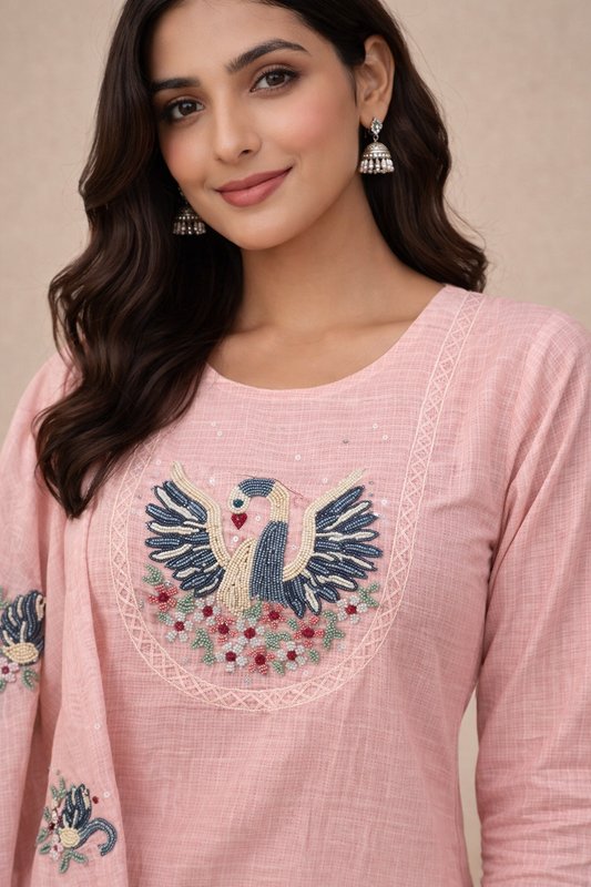Blush Pink Kota Doria Swan Embroidered Kurti Set with Dupatta