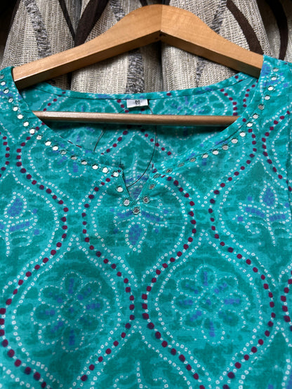 Teal Bandhani Ogee Coord Set with Mirror Work Neckline