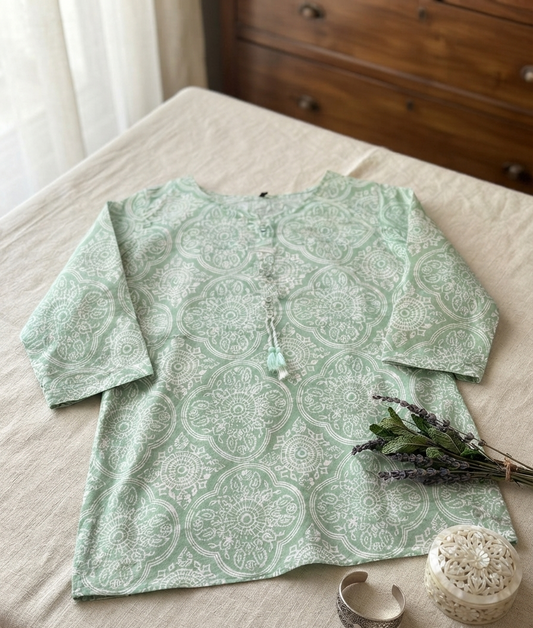Sage Mandala Block Print Kurti with Tassel Tie