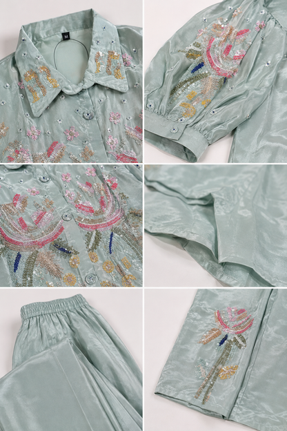Mint Sequin Floral Embroidered Coord Set – Shirt & Wide-Leg Pants