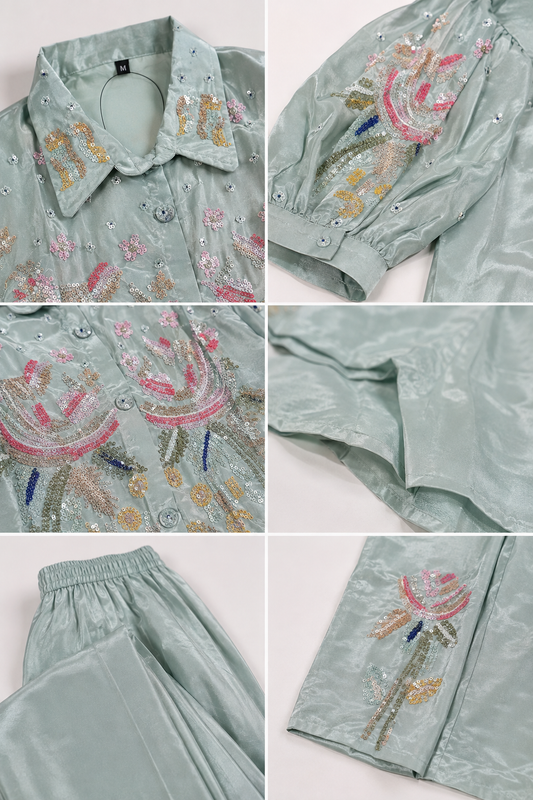 Mint Sequin Floral Embroidered Coord Set – Shirt & Wide-Leg Pants