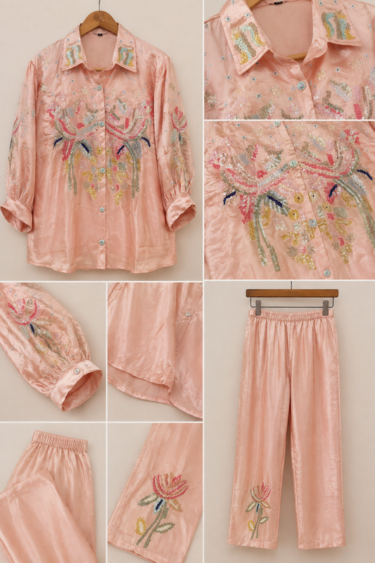 Blush Bloom Embellished Satin Coord Set