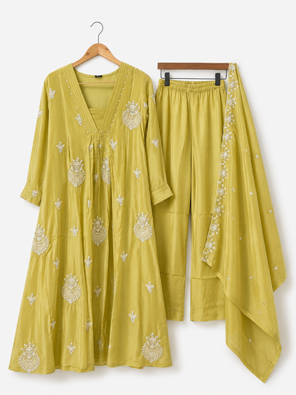 Pista Green Embroidered Chinnon Anarkali 3-Piece Suit Set