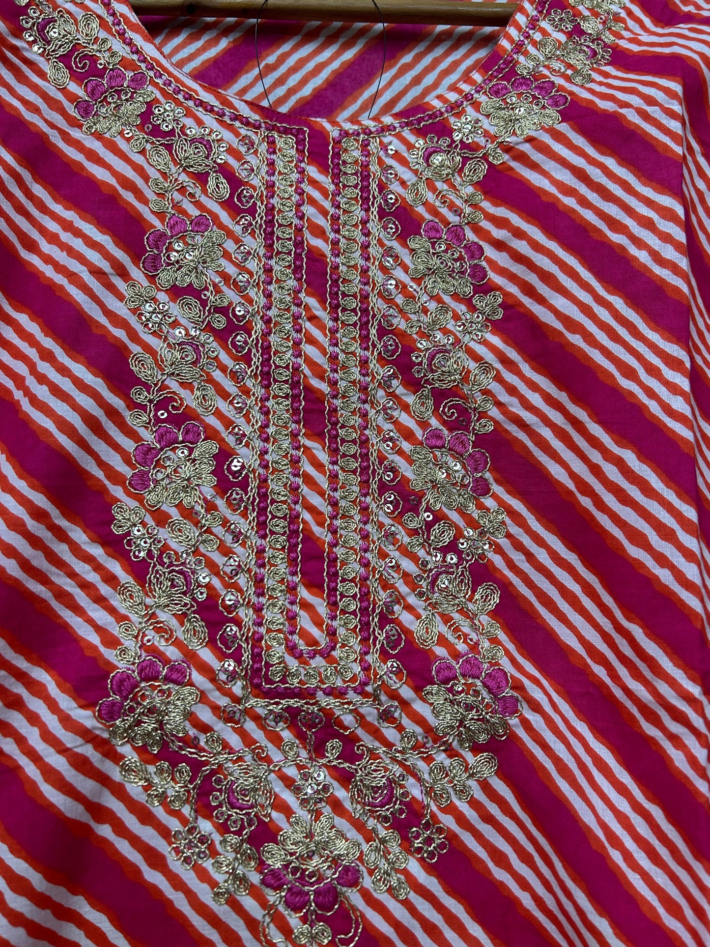 Rani Pink Leheriya Kurta Set with Gold Zari Embroidery & Red Palazzo Dupatta